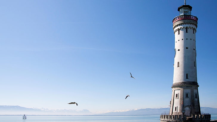 lighthouse, sky, seagulls, blue sky, horizon, lindau, germany, HD wallpaper