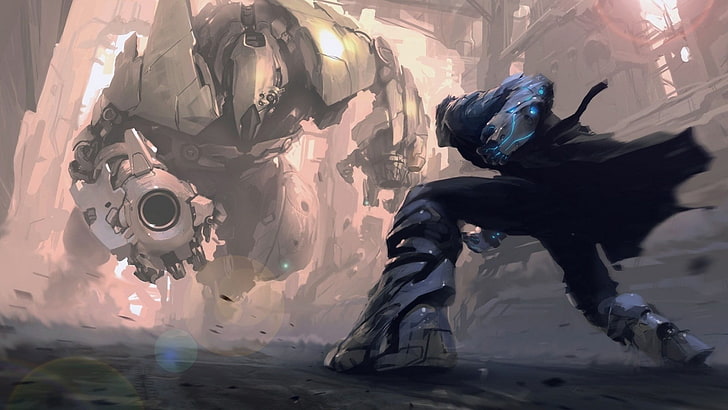 man fighting a robot digital painting, artwork, science fiction