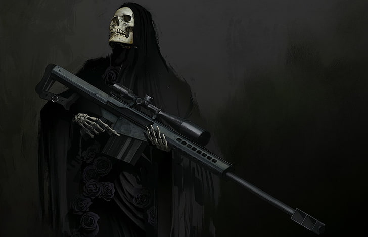 dark, Grim Reaper, sniper rifle, artwork, weapon, gun, human representation