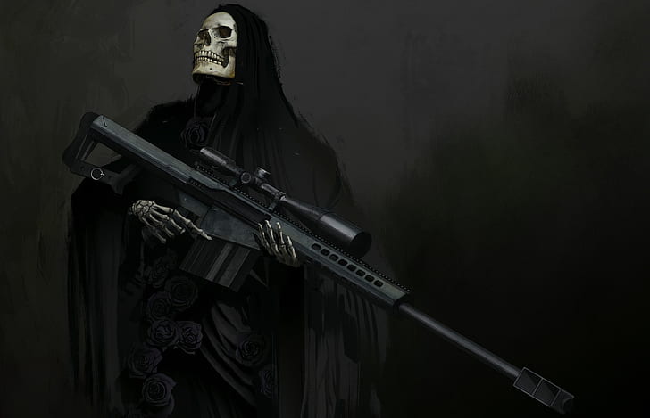 weapons, skull, fantasy, art, skeleton, hood, sight, sniper rifle