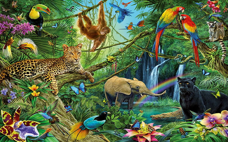 Artistic, Painting, Black Panther, Elephant, Jungle, Lemur, HD wallpaper