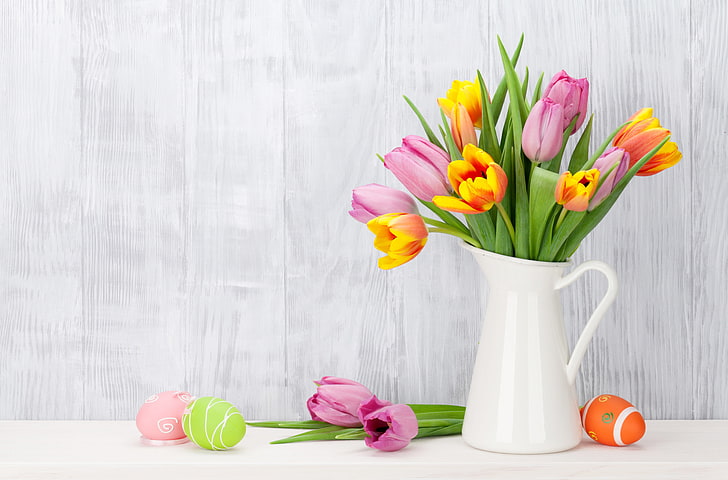 flowers, Easter, tulips, happy, pink, spring, eggs, decoration, HD wallpaper