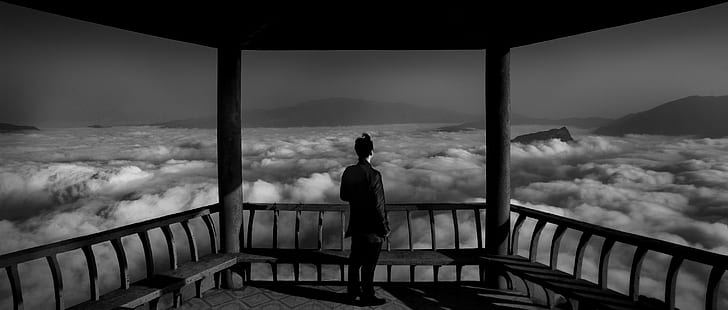 grayscale photo of person standing near bench, China, Sichuan