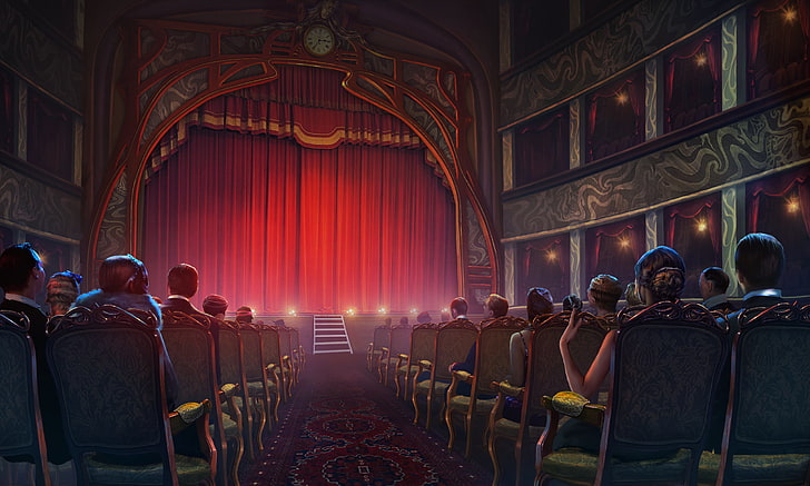 people at theater illustration, scene, chairs, curtain, the audience