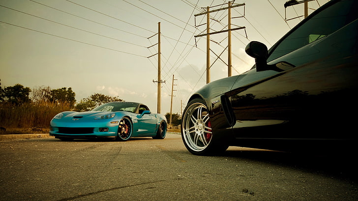two black and blue cars, Corvette, Chevrolet Corvette Z06, Chevrolet Corvette C6, HD wallpaper