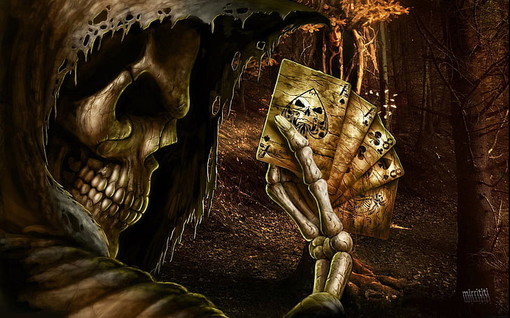 skeleton holding playing card wallpaper, ace, cards, creepy, dark, HD wallpaper