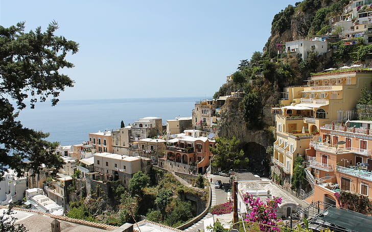 Italy, Amalfi, city, houses, street, sea, HD wallpaper