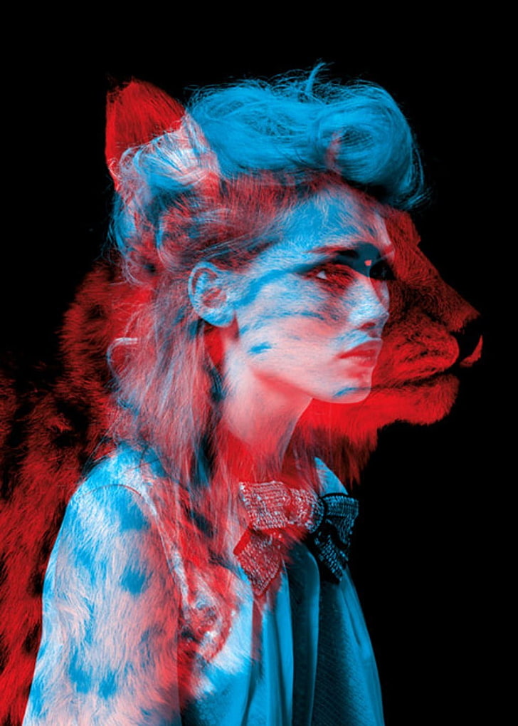 3D, animals, red, blue, women, anaglyph 3D, portrait, studio shot, HD wallpaper