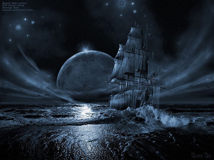 ocean ship outer space stars pirate ship ghost ship 1024x768  Nature Oceans HD Art