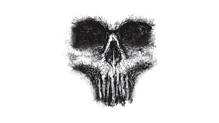 black and white skull sketch, artwork, monochrome, studio shot