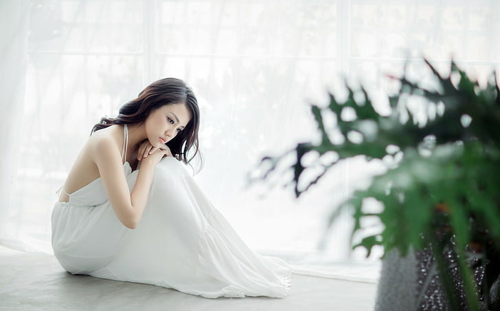 plants, sitting, on the floor, women, Asian, model, white dress, HD wallpaper
