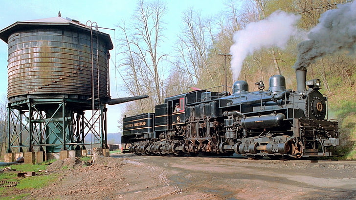 gray steam train, vehicle, steam locomotive, outdoors, water tank