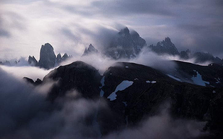 nature, landscape, mist, mountains, Alps, clouds, Italy, snowy peak