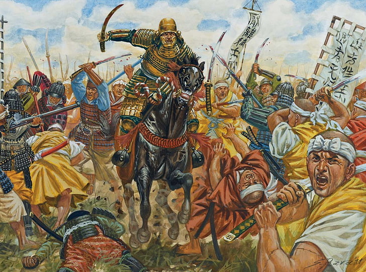warriors clashing painting, horse, figure, armor, Japan, art, HD wallpaper