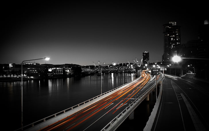 gray concrete road, bridge with vehicles timelapse photography