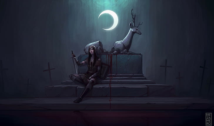 Fantasy Art, Moon, Sword, Deer, deer illustration, HD wallpaper