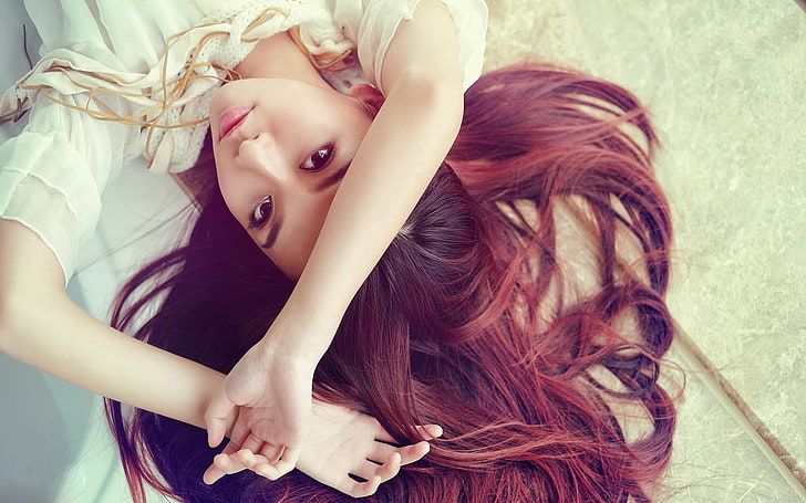 lying down, redhead, women, Asian, model, real people, hairstyle, HD wallpaper