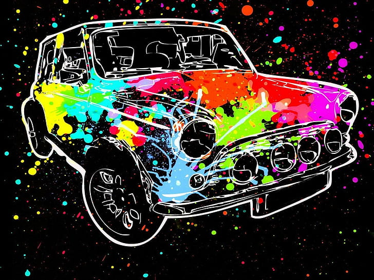 car, paint splatter, colorful