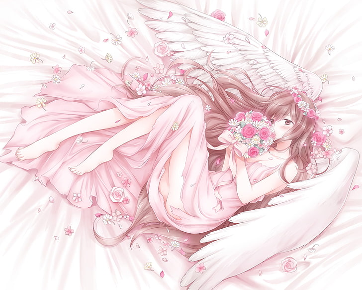 HD wallpaper: anime girl, angel, lying down, wings, dress, flowers, pink  color | Wallpaper Flare