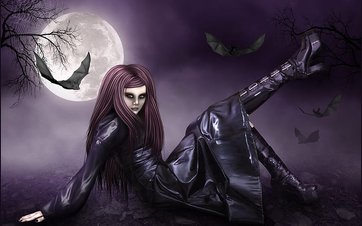 Full moon night of the red-haired fantasy girl, HD wallpaper