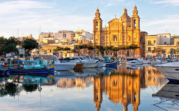 Valletta, Malta, water reflection, boats, houses, HD wallpaper