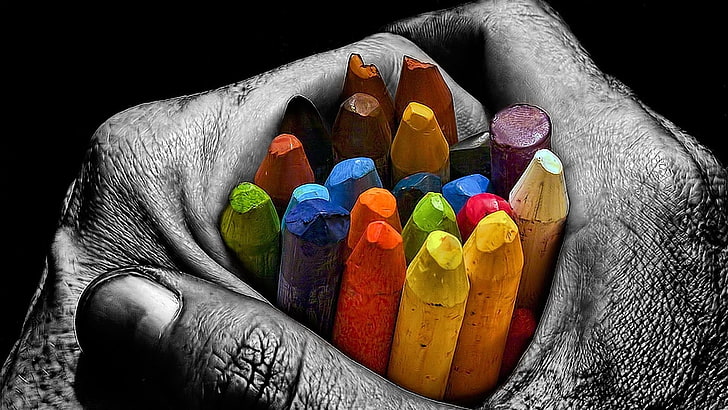assorted crayons, selective coloring, multi colored, one person