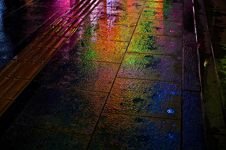 multicolored concrete pavement, night, rain, street, rainbow