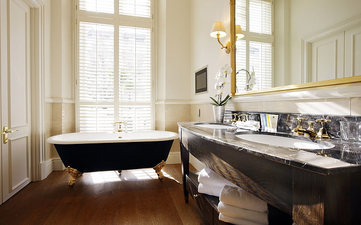 black and white bathtub, bathroom, comfort, furniture, sanitary ware, HD wallpaper