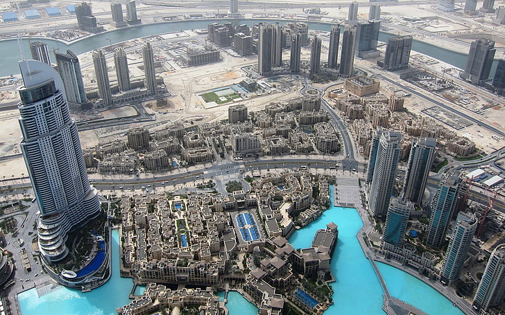 city buildings, dubai, uae, top view, sea, coast, cityscape, aerial View