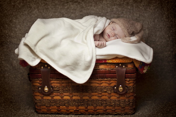 brown wicker basket, baby, lie down, sleep, child, one Person