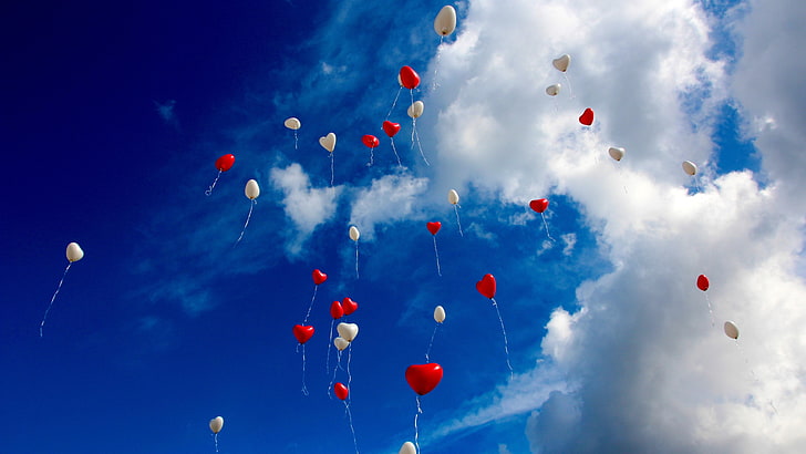 fluffy clouds, blue sky, balloons, flying, azure, heaven, HD wallpaper