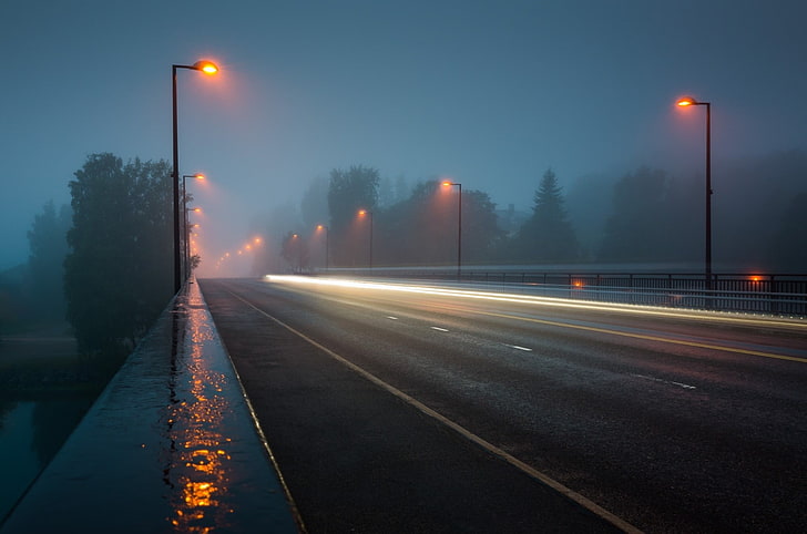 photography, urban, mist, rain, road, bridge, long exposure, HD wallpaper
