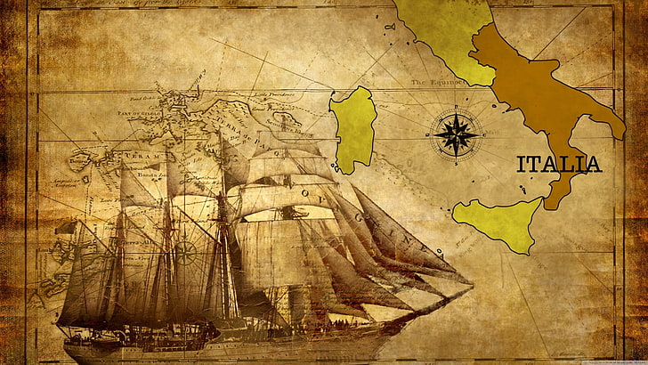 old, map, Italy, Calabria, historic, compass, vessel, ship, HD wallpaper