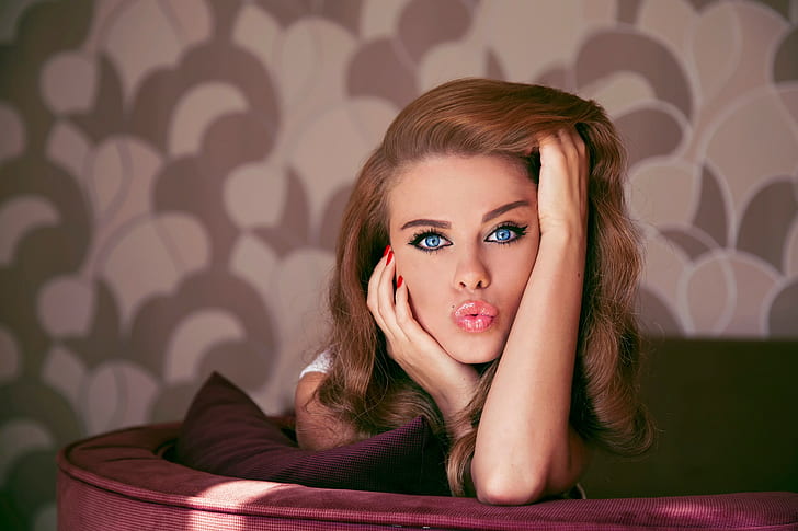 women, model, auburn hair, blue eyes, red nails, juicy lips, HD wallpaper