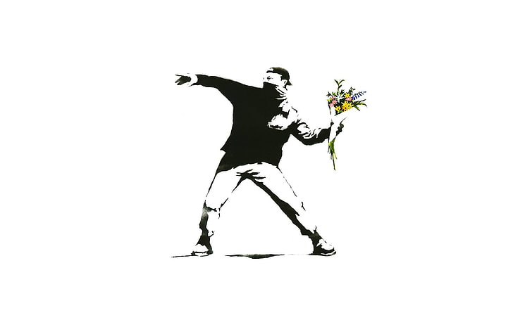 Banksy, flowers, Graffiti, men, minimalism, Protestors, Selective Coloring, HD wallpaper