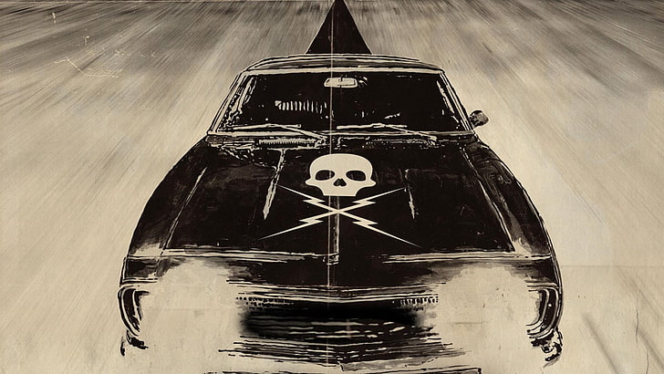 black vehicle illustration, movies, Death Proof, skull, car, muscle cars, HD wallpaper