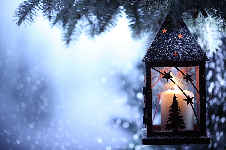 black metal candle lantern, winter, snow, snowflakes, spruce