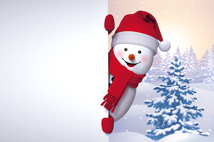 white and red Snowman illustration, happy, winter, cute, christmas, HD wallpaper