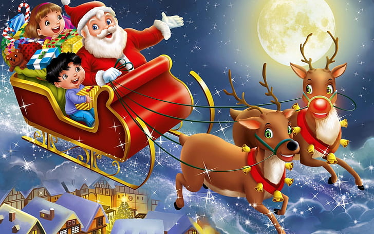 New Year Children Santa Claus And Deers Photo Hd Wallpapers For Mobile Phones Tablet And Laptop 3840×2400, HD wallpaper