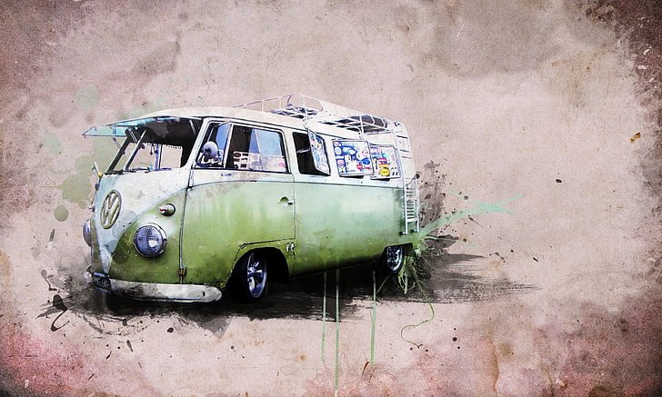 green and white Volkswagen Samba wallpaper art, style, Creative, HD wallpaper