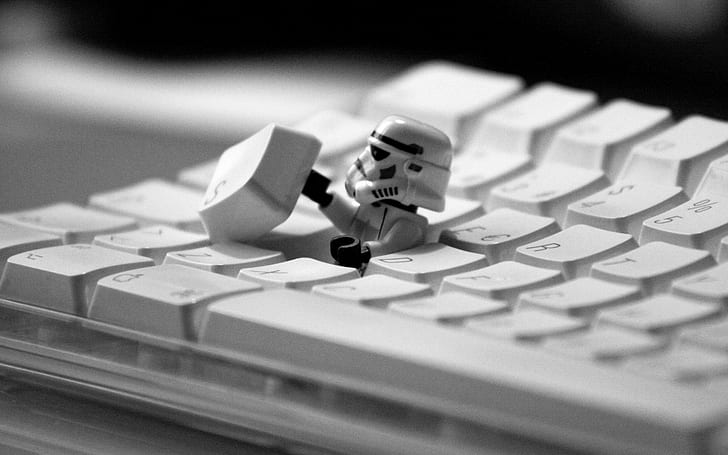 keyboards, Star Wars, stormtrooper, monochrome, toys, LEGO