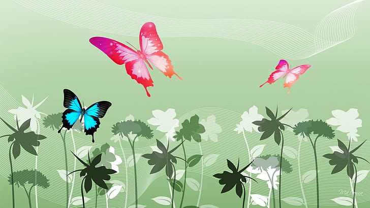 Colorful Butterflies On Green, three swallowtail butterflies over flowers illustration, HD wallpaper