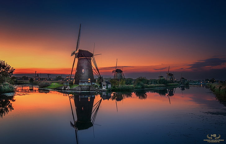 photography, city, windmill, water, sunset, reflection, sky, HD wallpaper