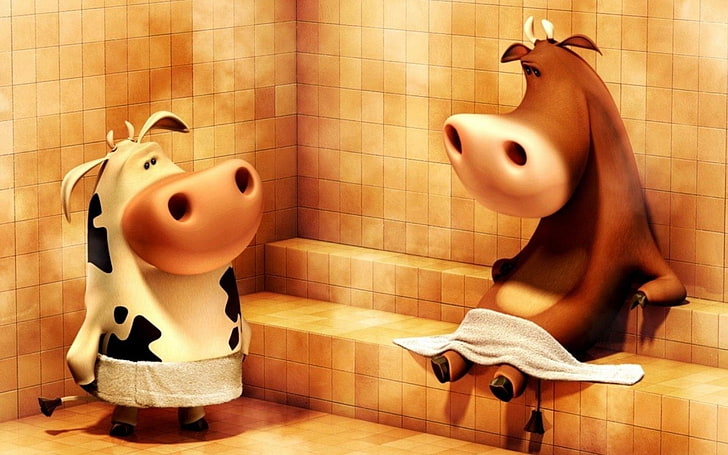 Animal, CGI, 3D, Cow, Humor, Sauna, HD wallpaper