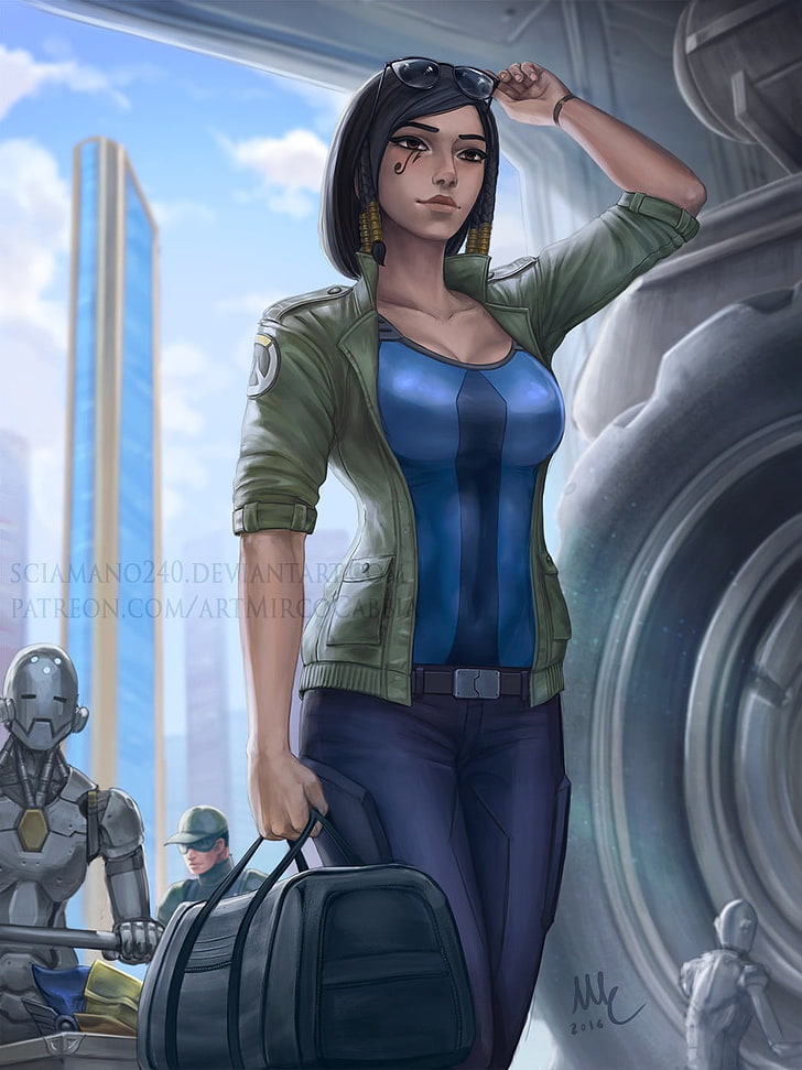 woman holding duffel bag illustration, Overwatch, Pharah (Overwatch), HD wallpaper