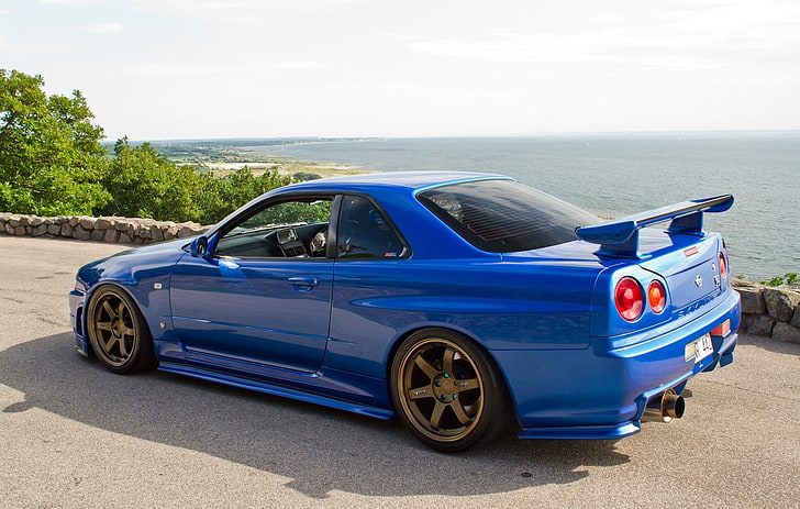blue sports coupe, Nissan, skyline, GT-R, Skyline R34, JDM, Japan