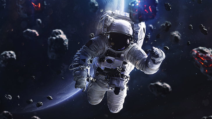Astronaut In Space Space Rock Scrap From Exploded Planet Fantasy Art Gallery Wallpaper Hd For Desktop 3840×2160