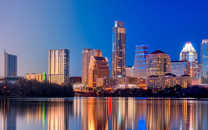high-rise buildings, austin, texas, twilight, skyscrapers, reflection