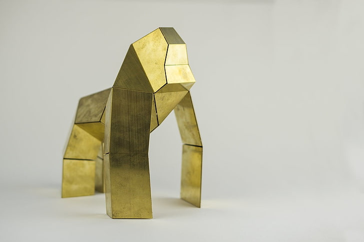 gold geometric shape gorilla figurine, gorillas, sculpture, imagination