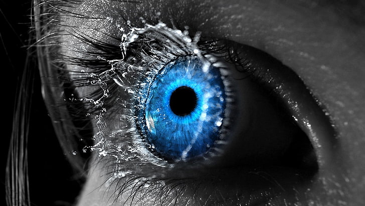 closeup, selective coloring, eyes, women, blue eyes, water